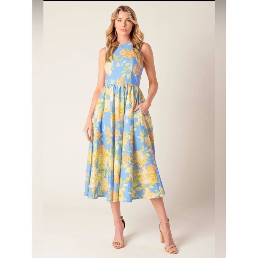 Sleeveless Blue Floral Midi Dress with Yellow Blooms